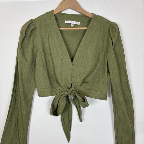 English Factory Khaki Green Long Sleeve Button Down Tie Front Crop Top Size: S - Picture 3 of 6